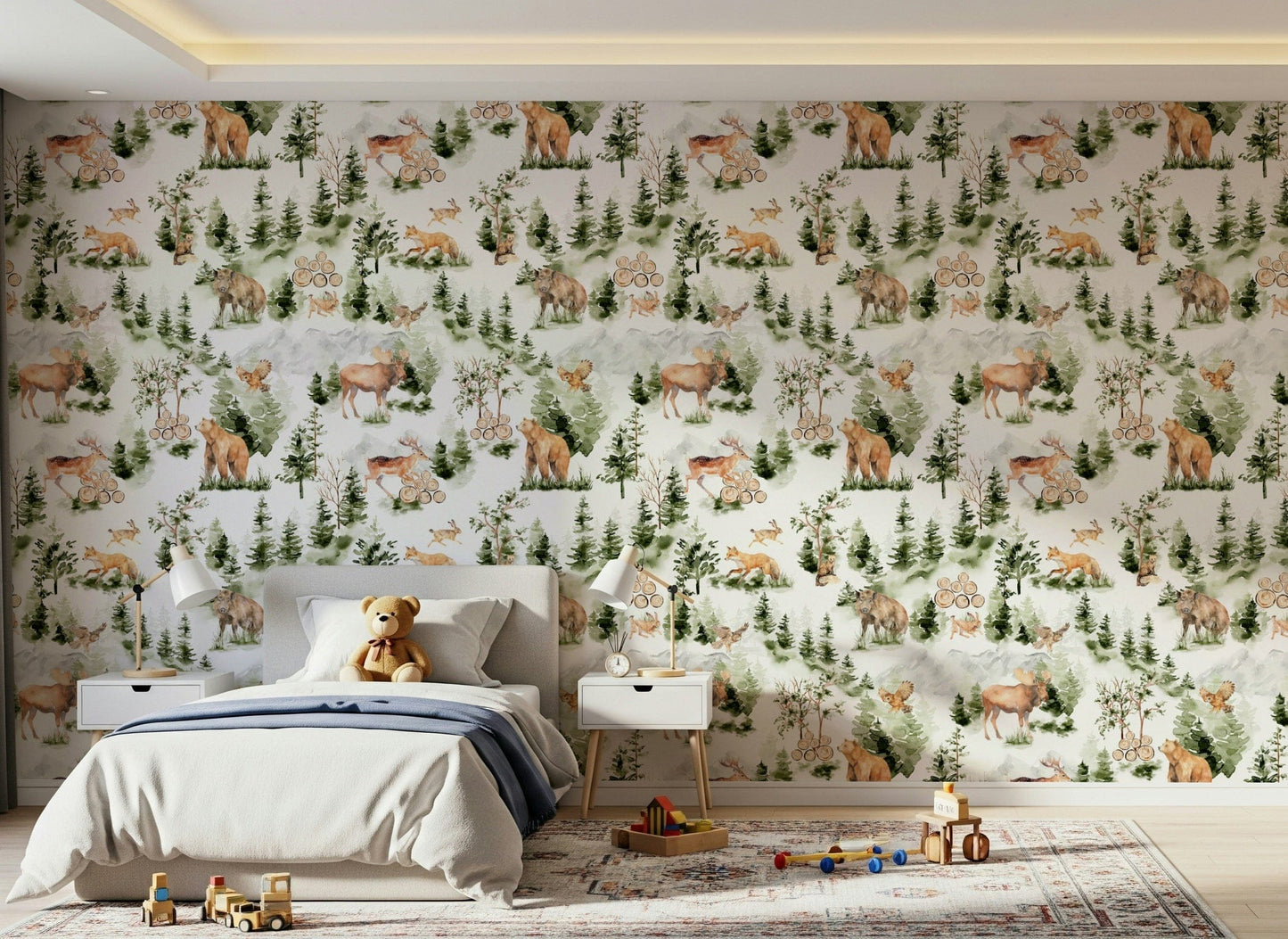 Whimsical wildlife scene Woodland Nursery Pattern wall mural with mountains.