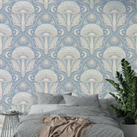 Toadstool and mushroom wallpaper in soft pastels

