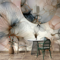 Whisper of Nature Wall Mural behind a mid-century modern sofa in a den.