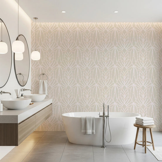 Whispered Arches wallpaper in soft beige with a pale Art Deco arch pattern behind a freestanding white tub in a bathroom
