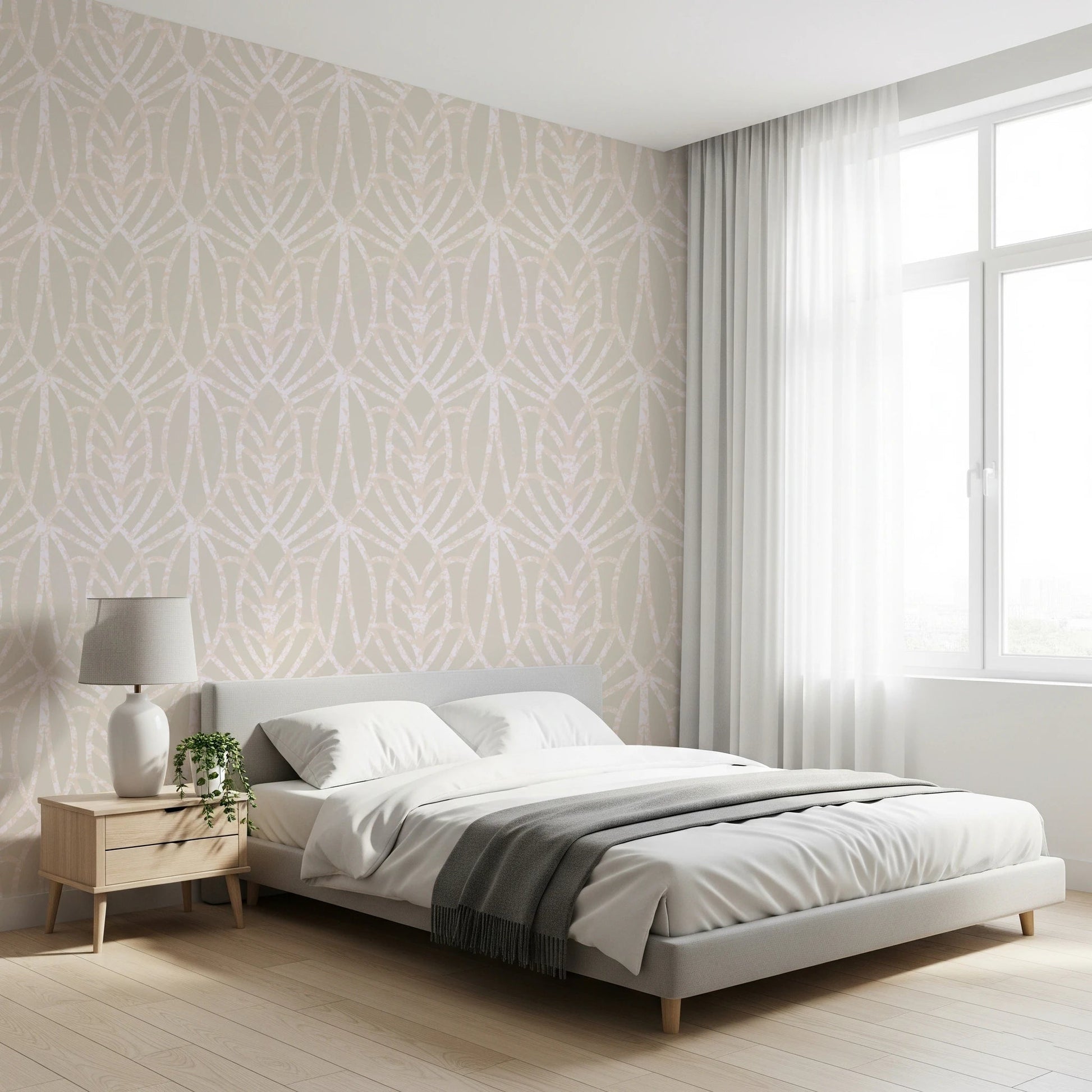 Whispered Arches wallpaper with a soft cream arch motif above a grey platform bed and light-wood nightstand in a bedroom