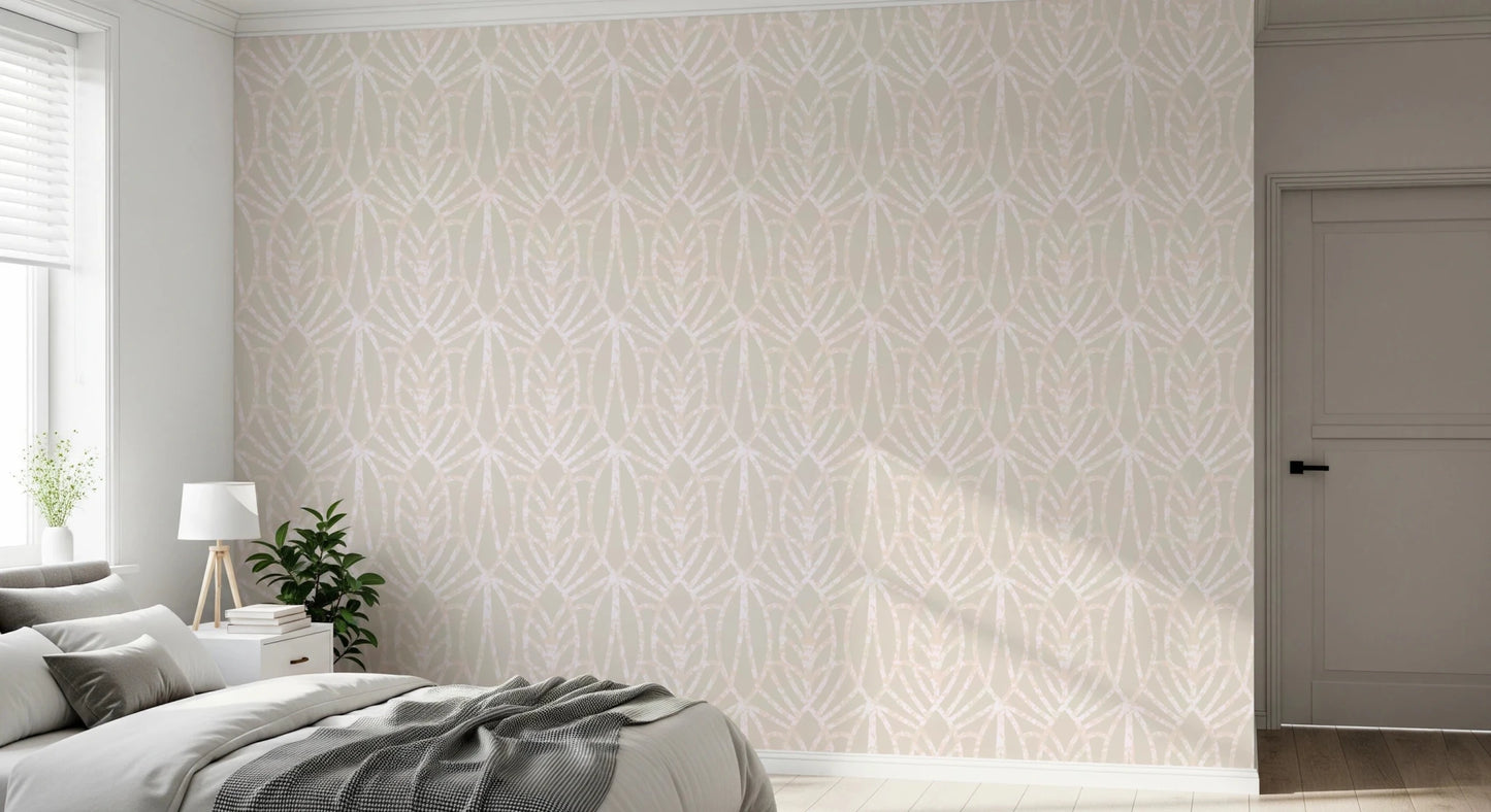 Whispered Arches wallpaper in soft beige arch pattern above a grey bed and white nightstand in a sunlit bedroom