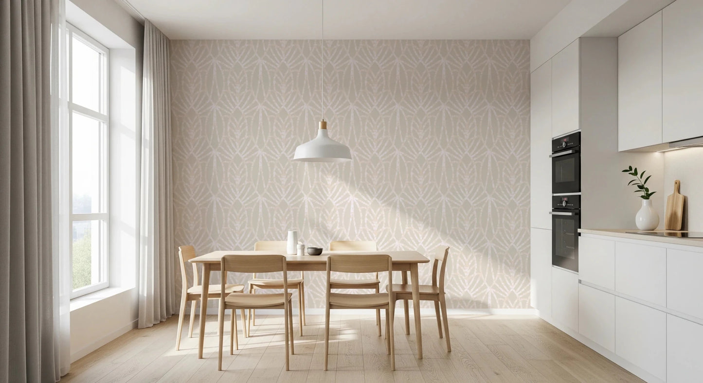 Whispered Arches wallpaper with a cream arch motif above a light-wood dining table and chairs in a white kitchen