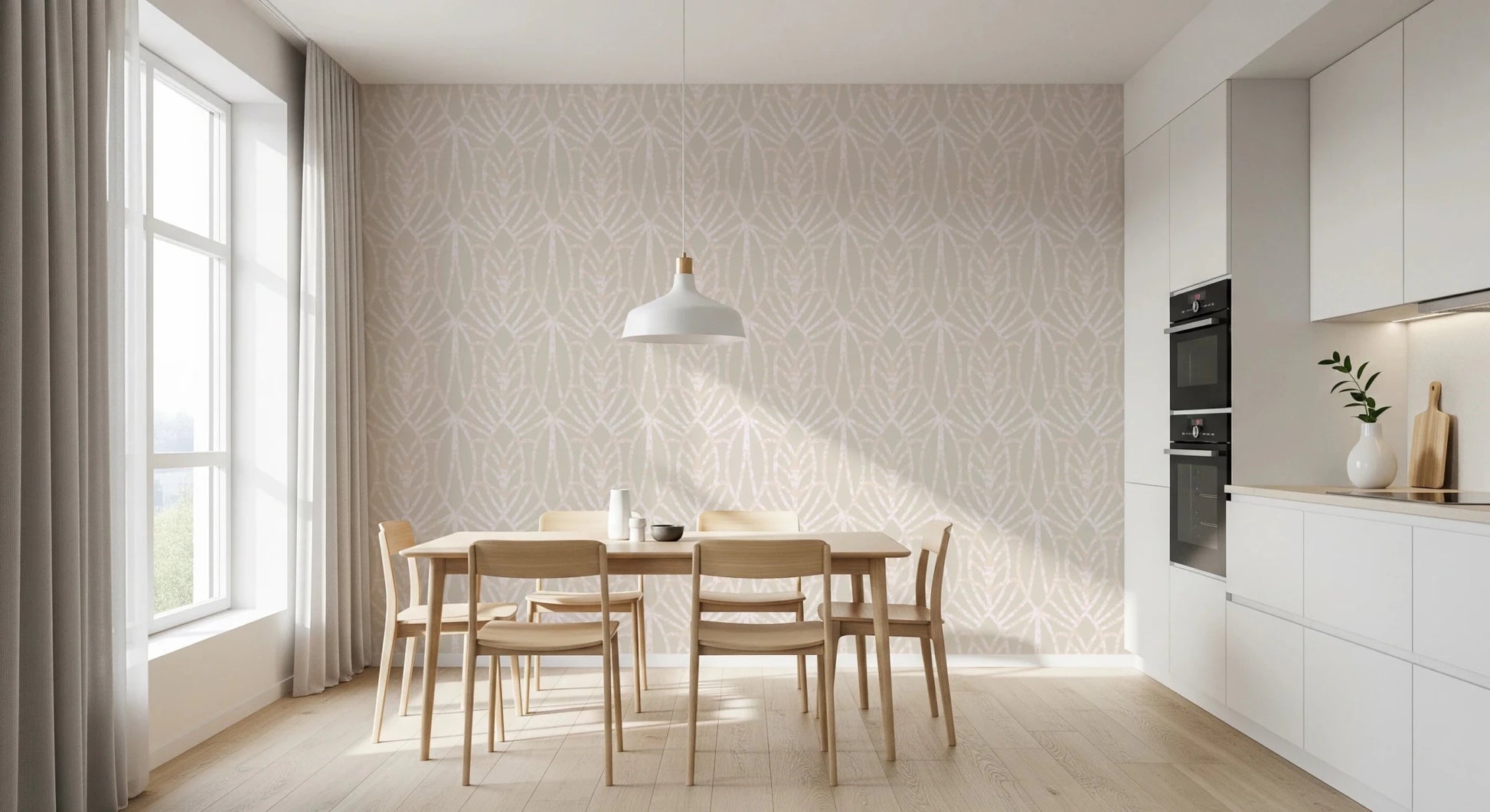 Whispered Arches wallpaper with a cream arch motif above a light-wood dining table and chairs in a white kitchen