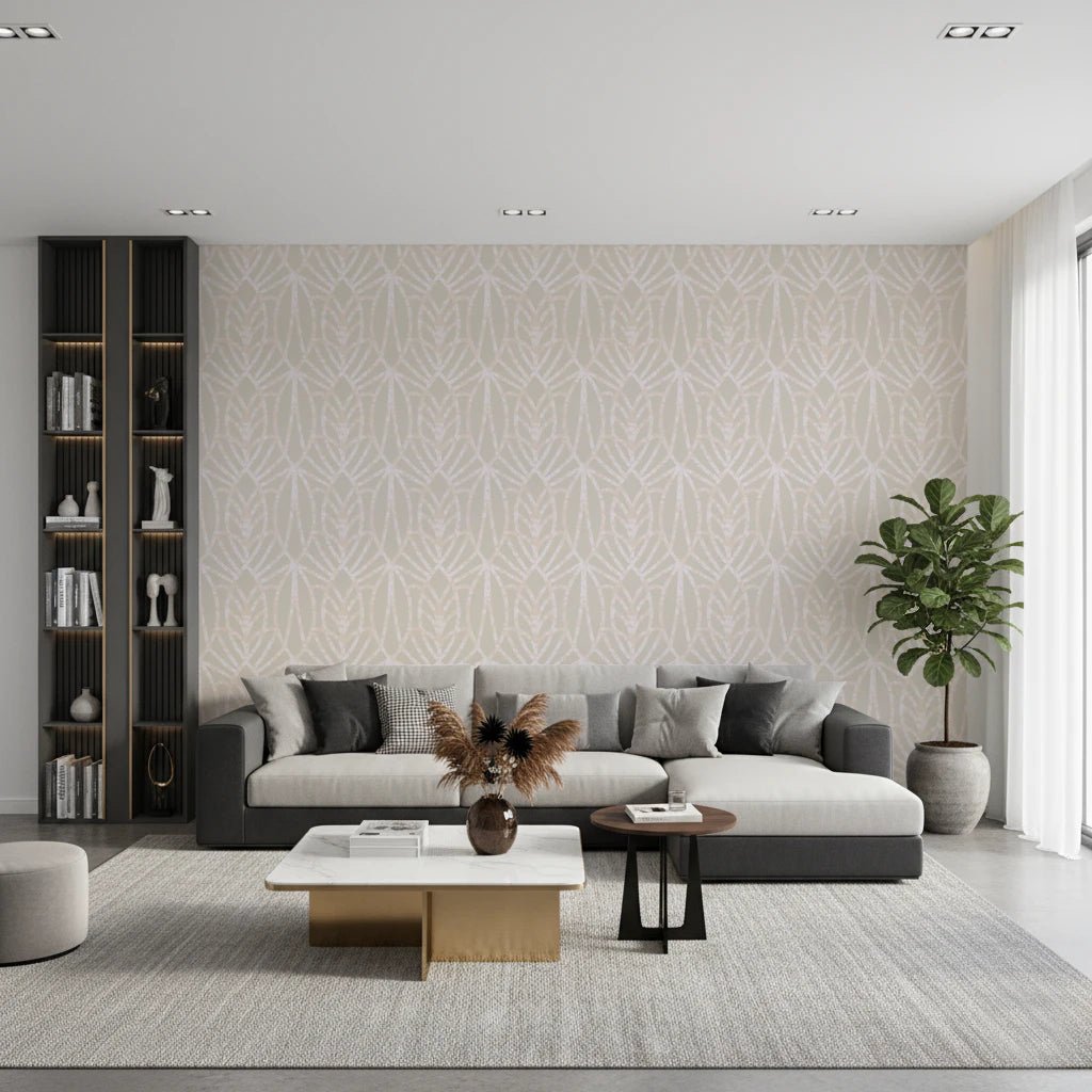 Whispered Arches wallpaper with a pale cream arch motif behind a grey sectional sofa and tall bookshelf in a living room
