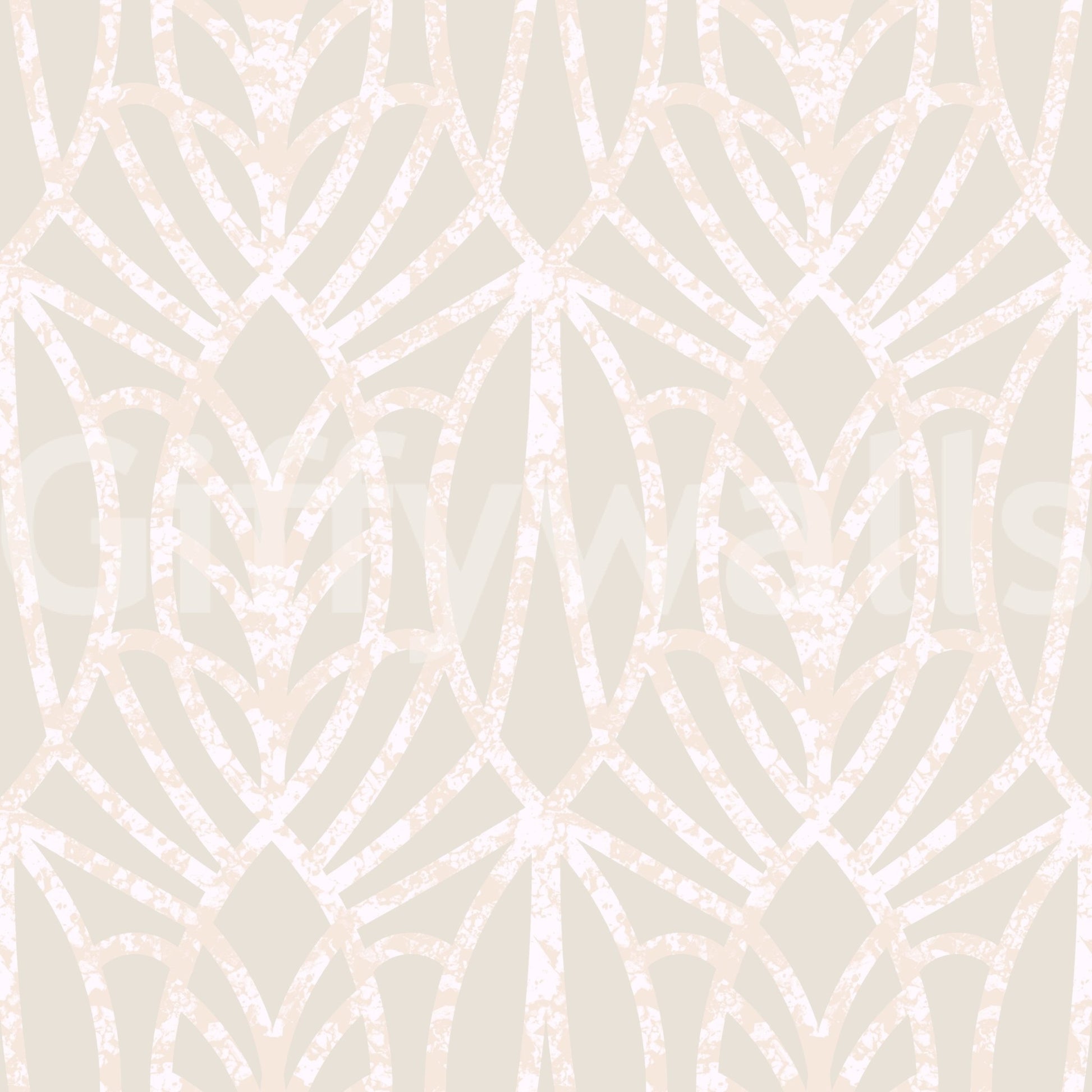 Whispered Arches wallpaper close-up showing the white and beige Art Deco arch and diamond pattern detail