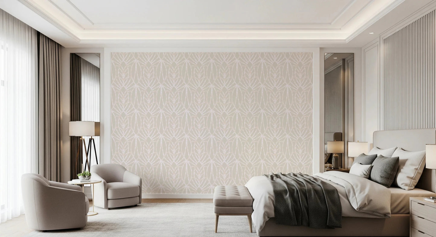 Whispered Arches wallpaper in pale beige arch pattern behind a cream bed and twin armchairs in a luxe bedroom