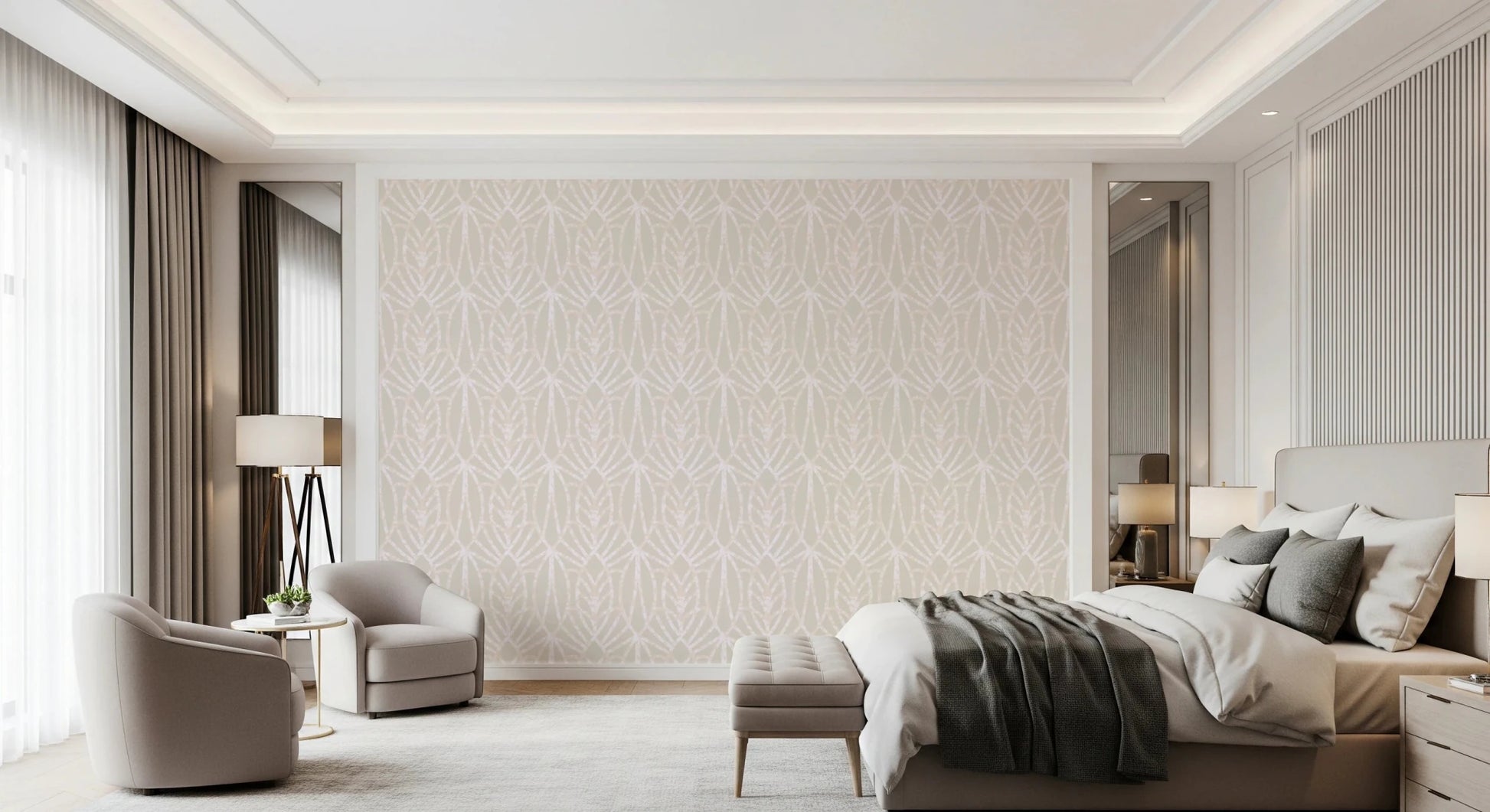 Whispered Arches wallpaper in pale beige arch pattern behind a cream bed and twin armchairs in a luxe bedroom