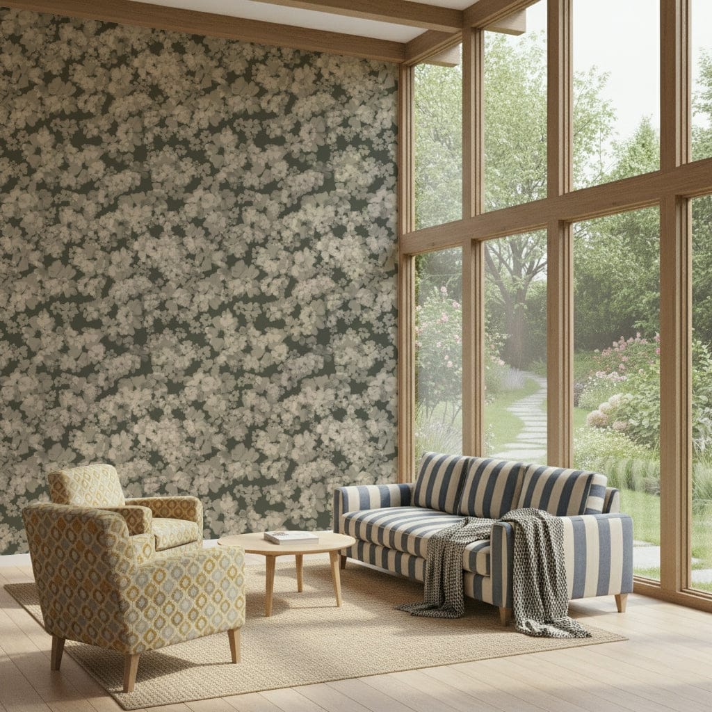 Ethereal charcoal bloom wall mural, Whispered Florals, seamless pattern artwork.