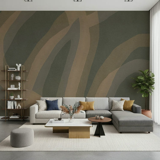 A peaceful natural scene mural on decorative wallpaper.

