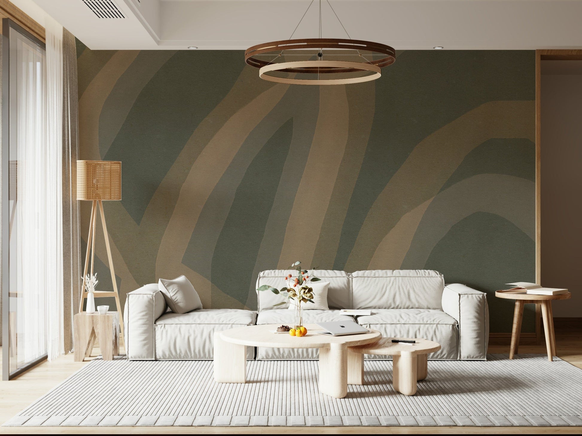 An artistic subtle trail mural on minimalist wallpaper.

