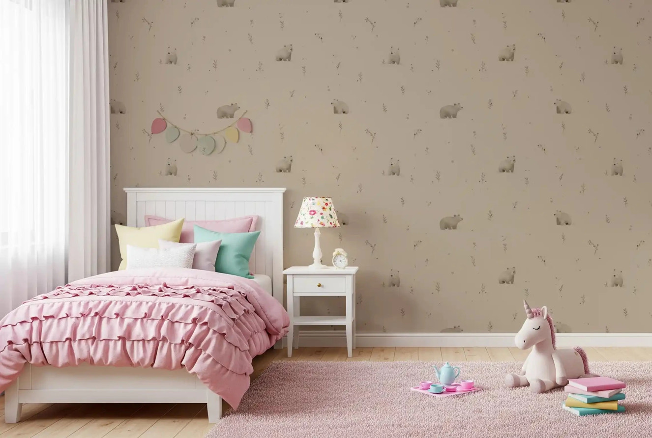 Bedroom featuring gentle woodland bear wallpaper in beige
