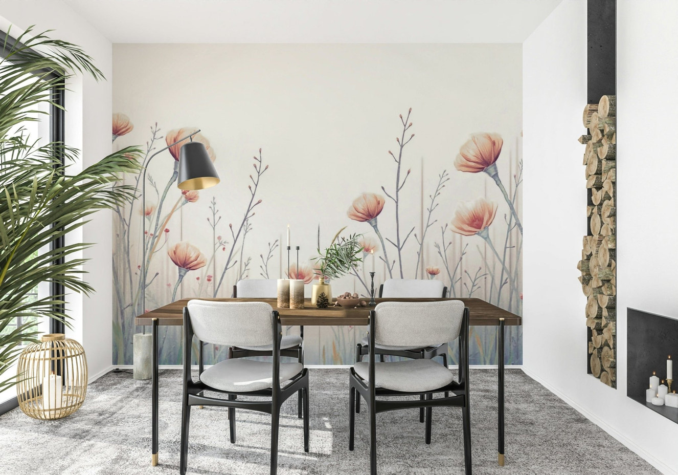 Ethereal peach Whispering Blooms wallpaper features delicate botanical wall mural art.