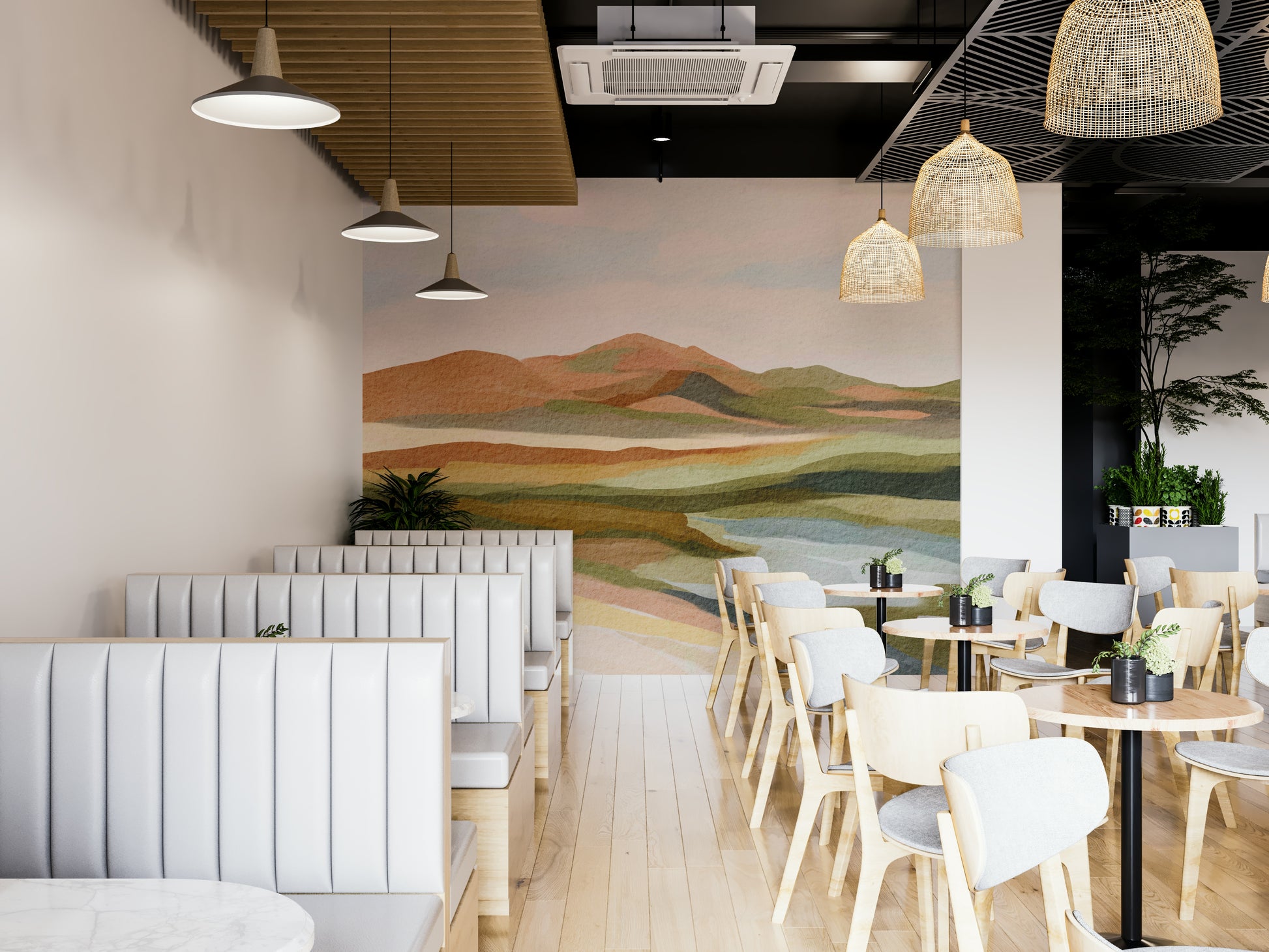 Nature-inspired mural with layered hill silhouettes

