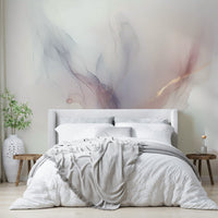 Whispering Hues Wall Mural behind a mid-century modern desk in a den.