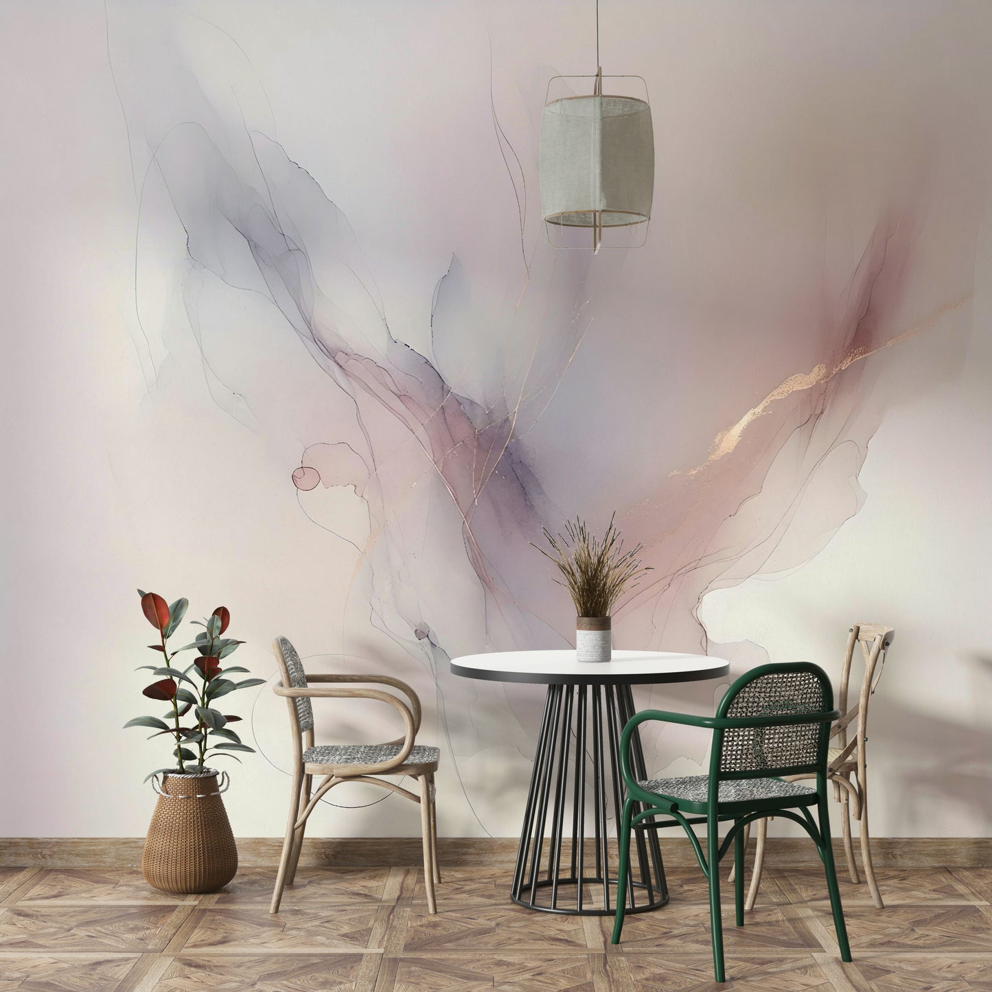 Soft watercolor gradient wallpaper for a peaceful master bedroom setting.