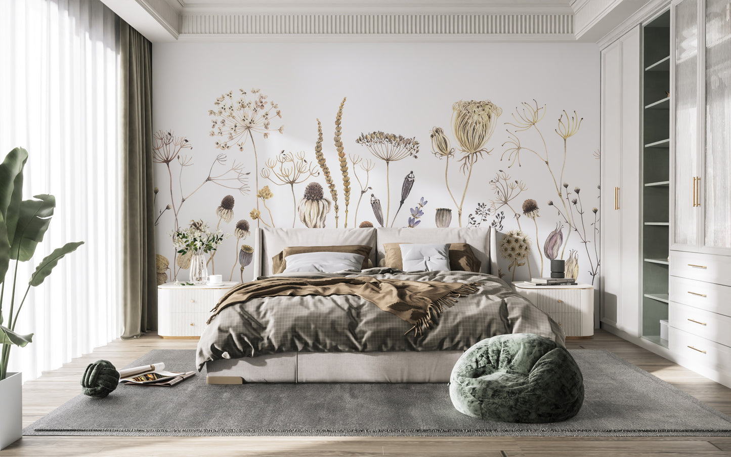 Whispering Meadows wallpaper mural of beige dried flowers behind a brown-linen bed in a bright bedroom