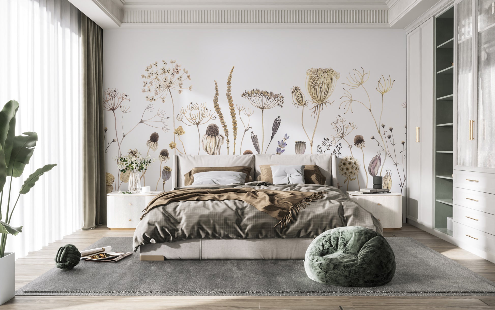 Whispering Meadows wallpaper mural of beige dried flowers behind a brown-linen bed in a bright bedroom