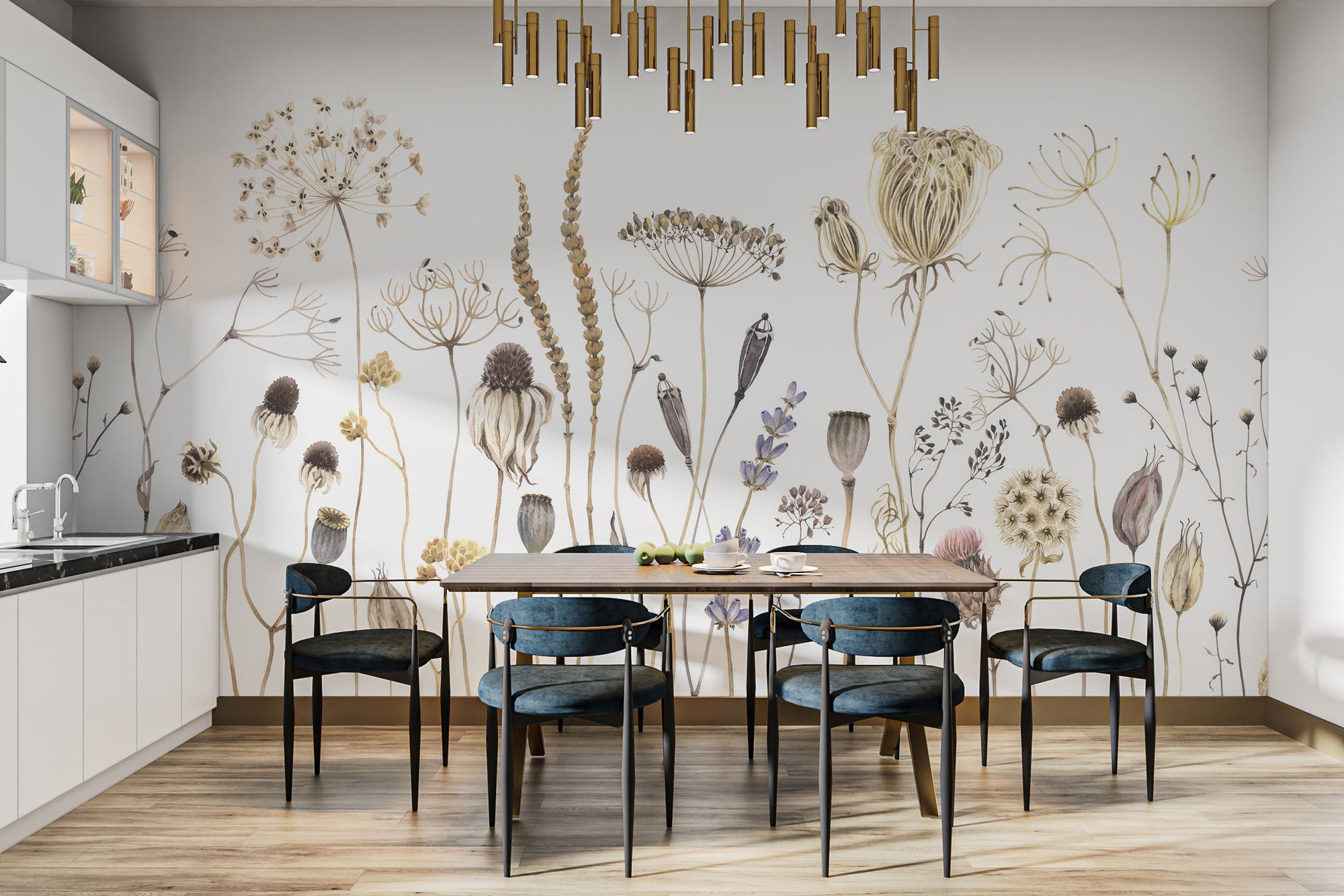 Whispering Meadows wallpaper mural of dried wildflowers behind a wood dining table with blue chairs in a kitchen