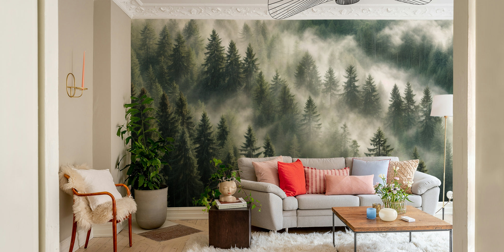 Natural pine jungle wallpaper look

