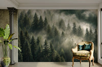 Foggy green forest wallpaper mural

