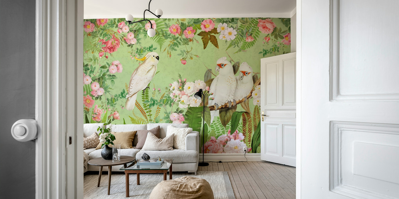 Whispering Roses and White Cockatoos mural wallpaper

