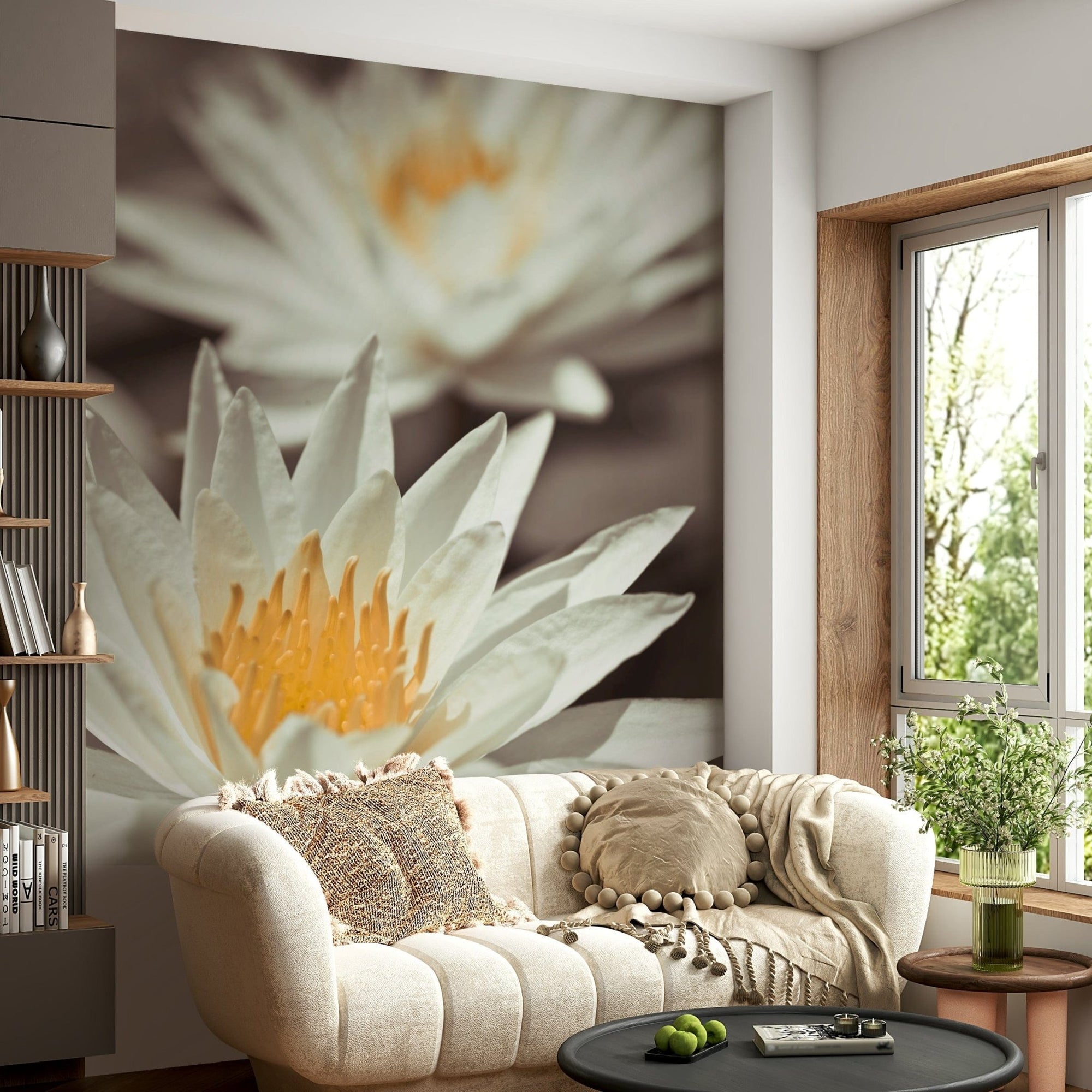 Close-up white water lily on Whispering White Lilies wallpaper.