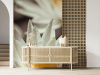 Moody light on delicate petals on Whispering White Lilies accent wall.