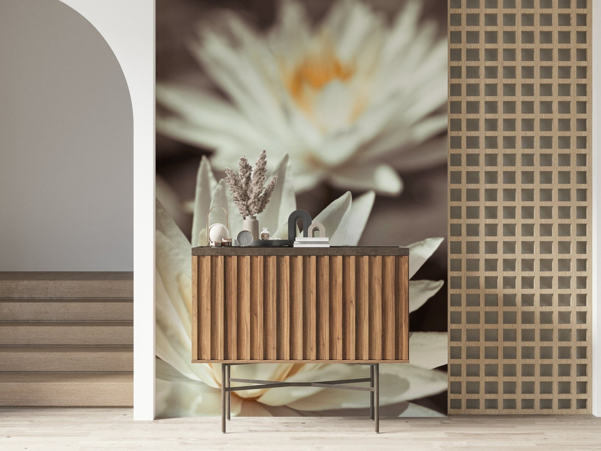 Artistic delicate flower texture on Whispering White Lilies wallpaper.