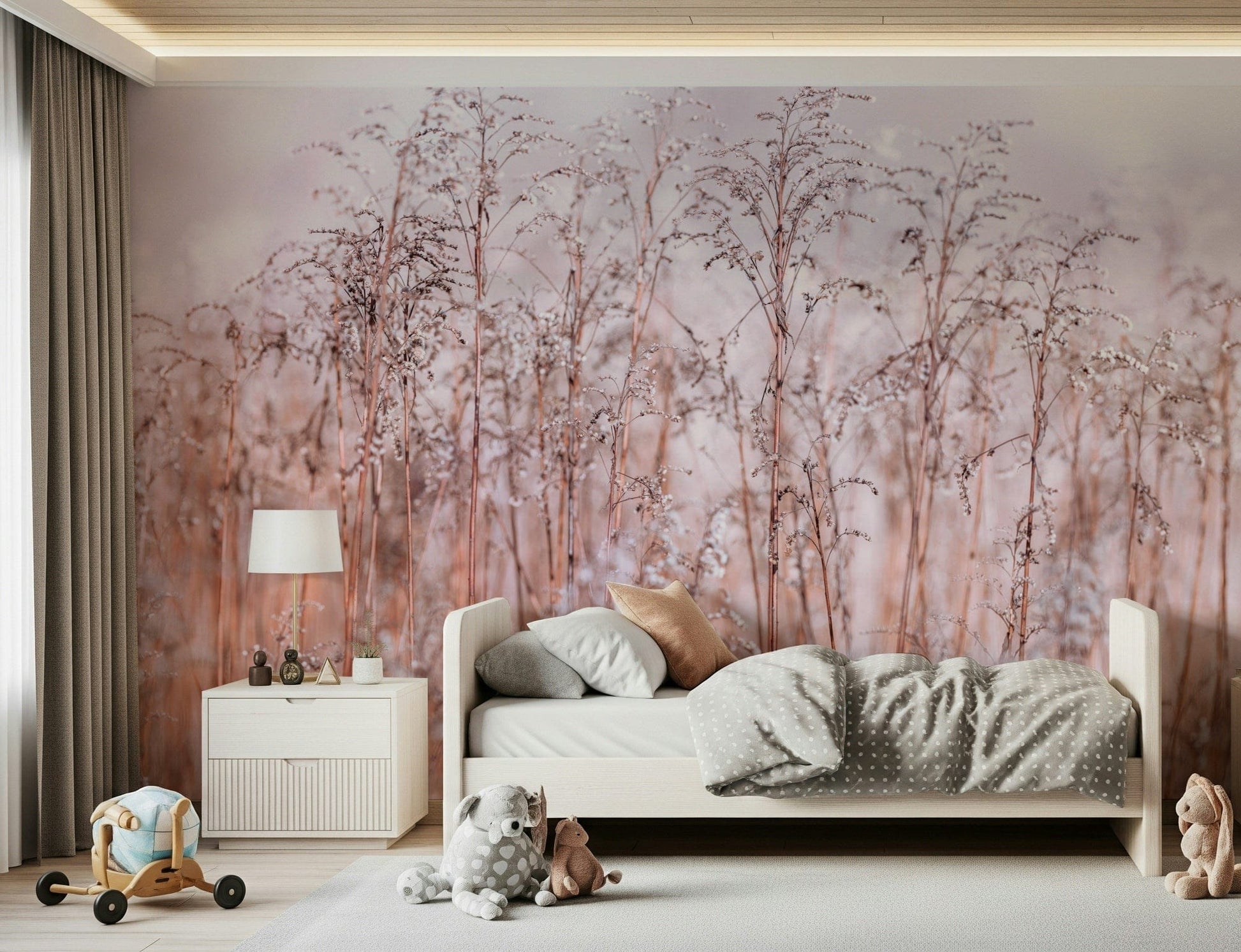 Misty Whispering Winter Reeds mural, soft natural grasses design.