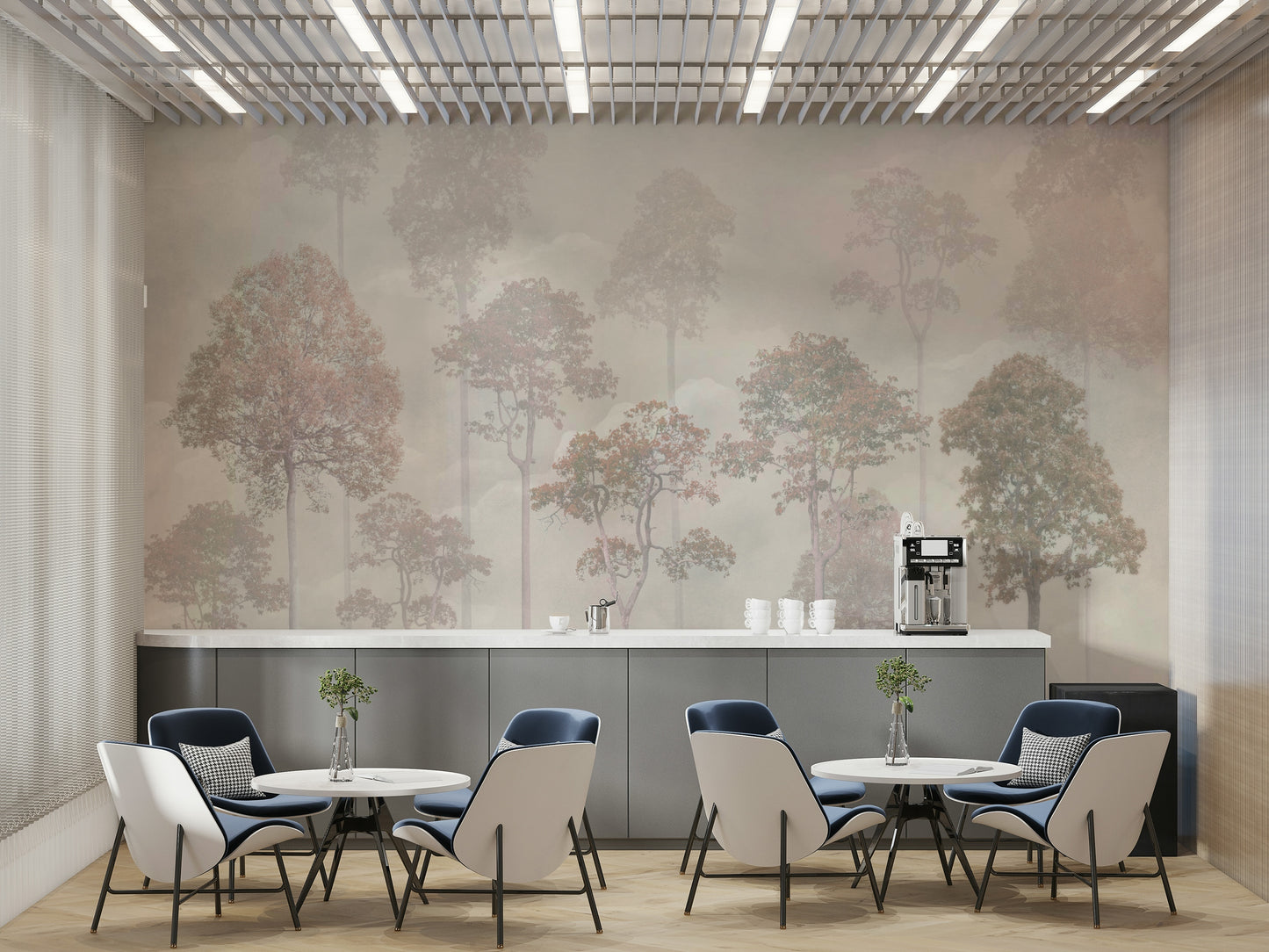 Subtle green forest wallpaper for a peaceful reading corner in a modern flat.