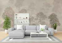 Whispering Woods Wall Mural with atmospheric woodland depth in a large kitchen.