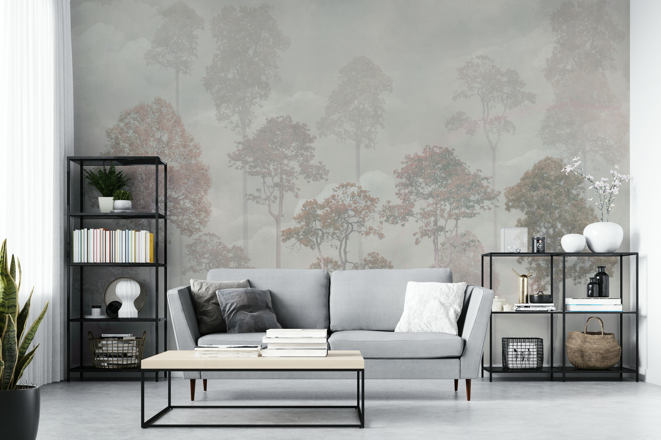 Whispering Woods Wall Mural with charcoal tree prints in a modern flat lounge.
