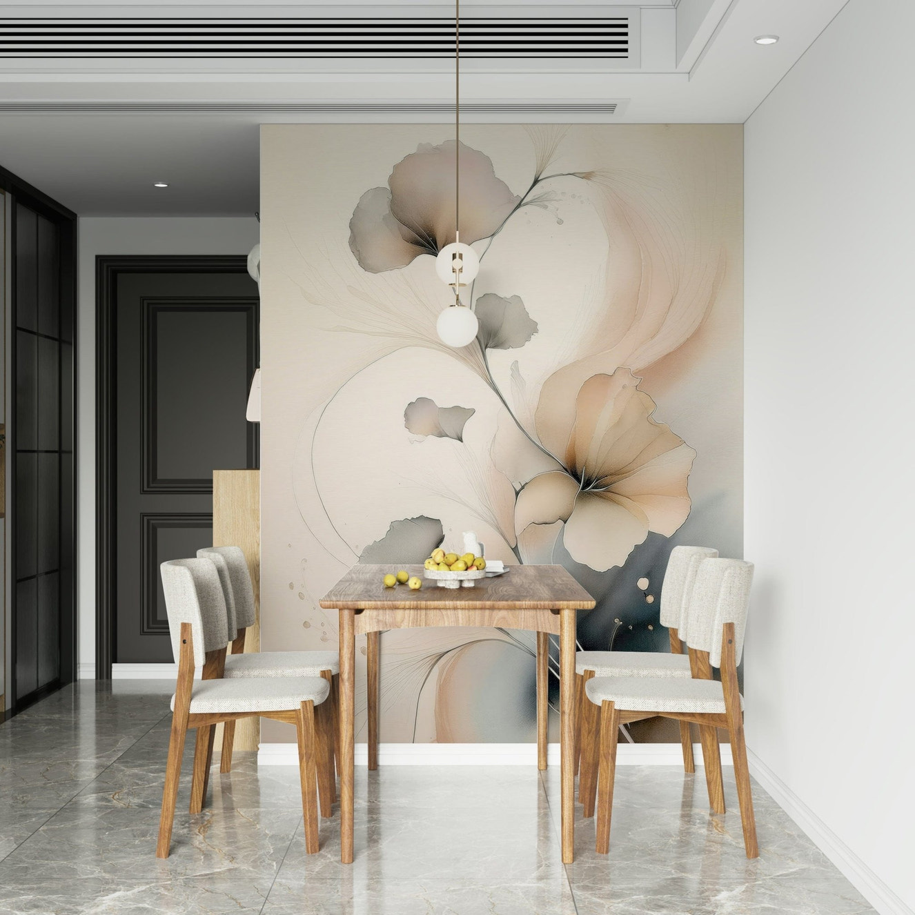Elegant floral wall mural with gentle blossoms and airy textures creating a romantic ambiance.