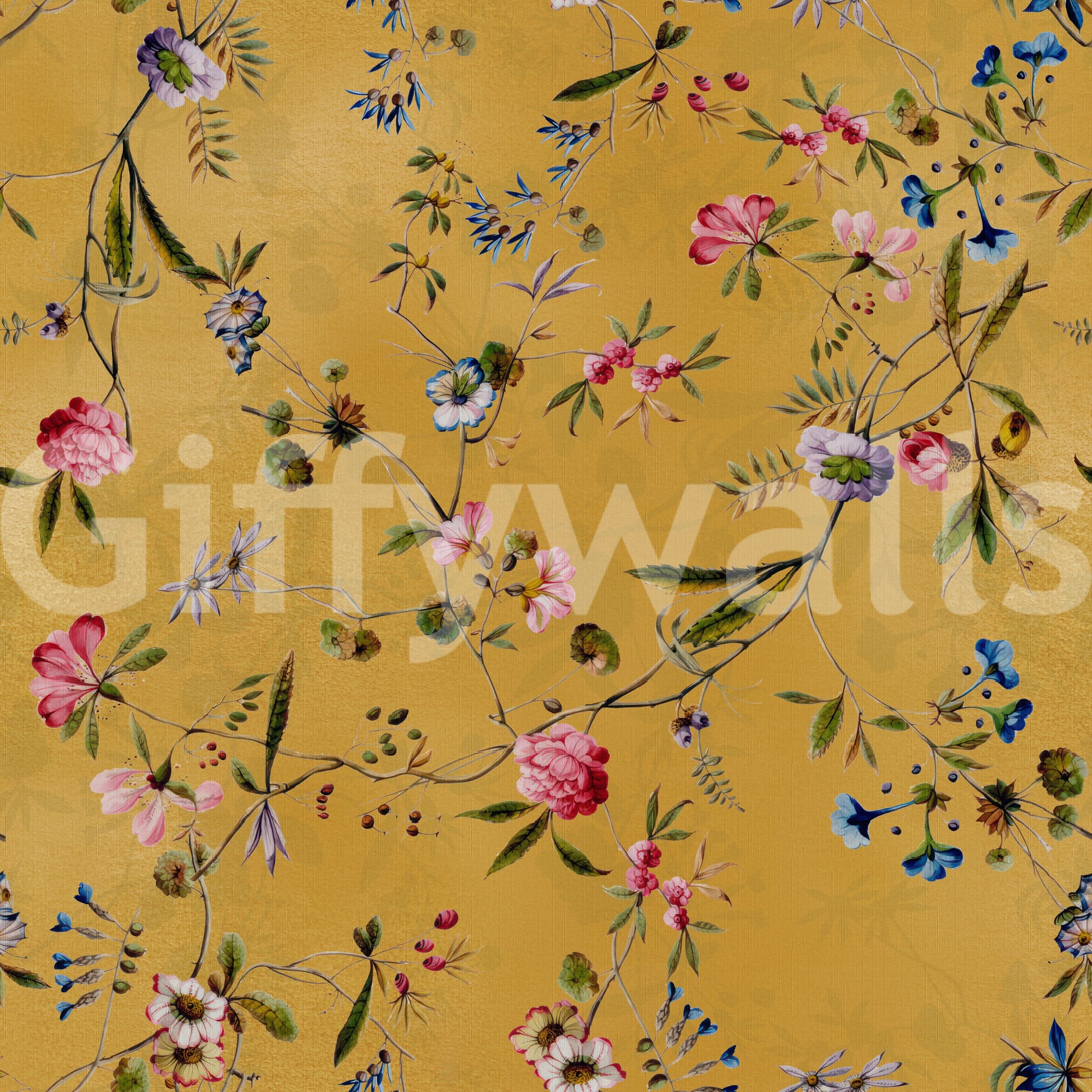 Pastel wallpaper with floral branches and fluttering details.

