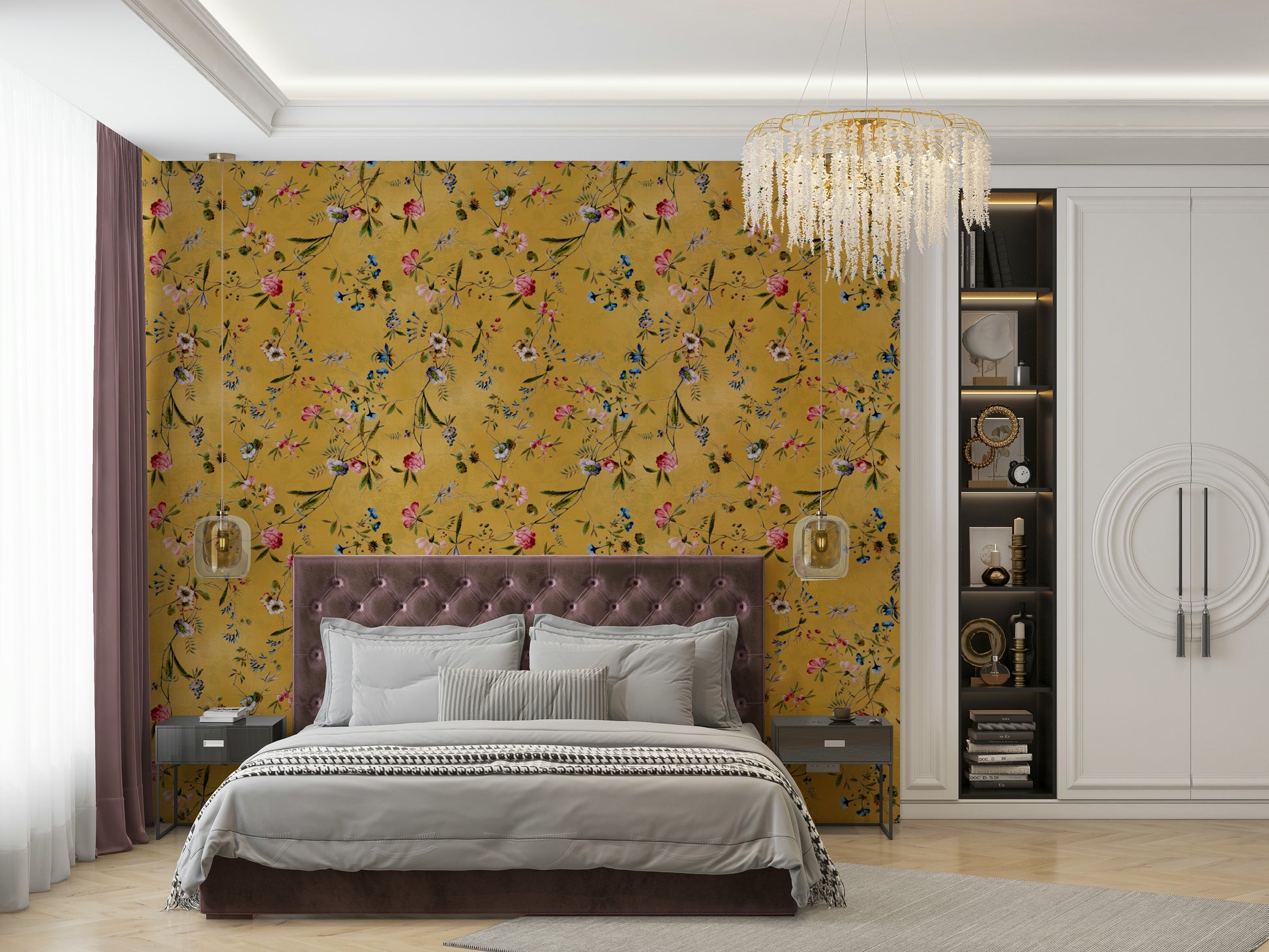 Wallpaper with soft pink and blue flowers on a lavender-blue base.

