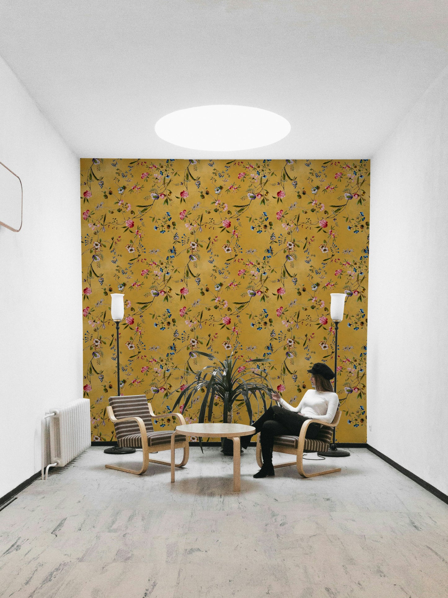 Delicate mural design with pastels and flowing floral elements.


