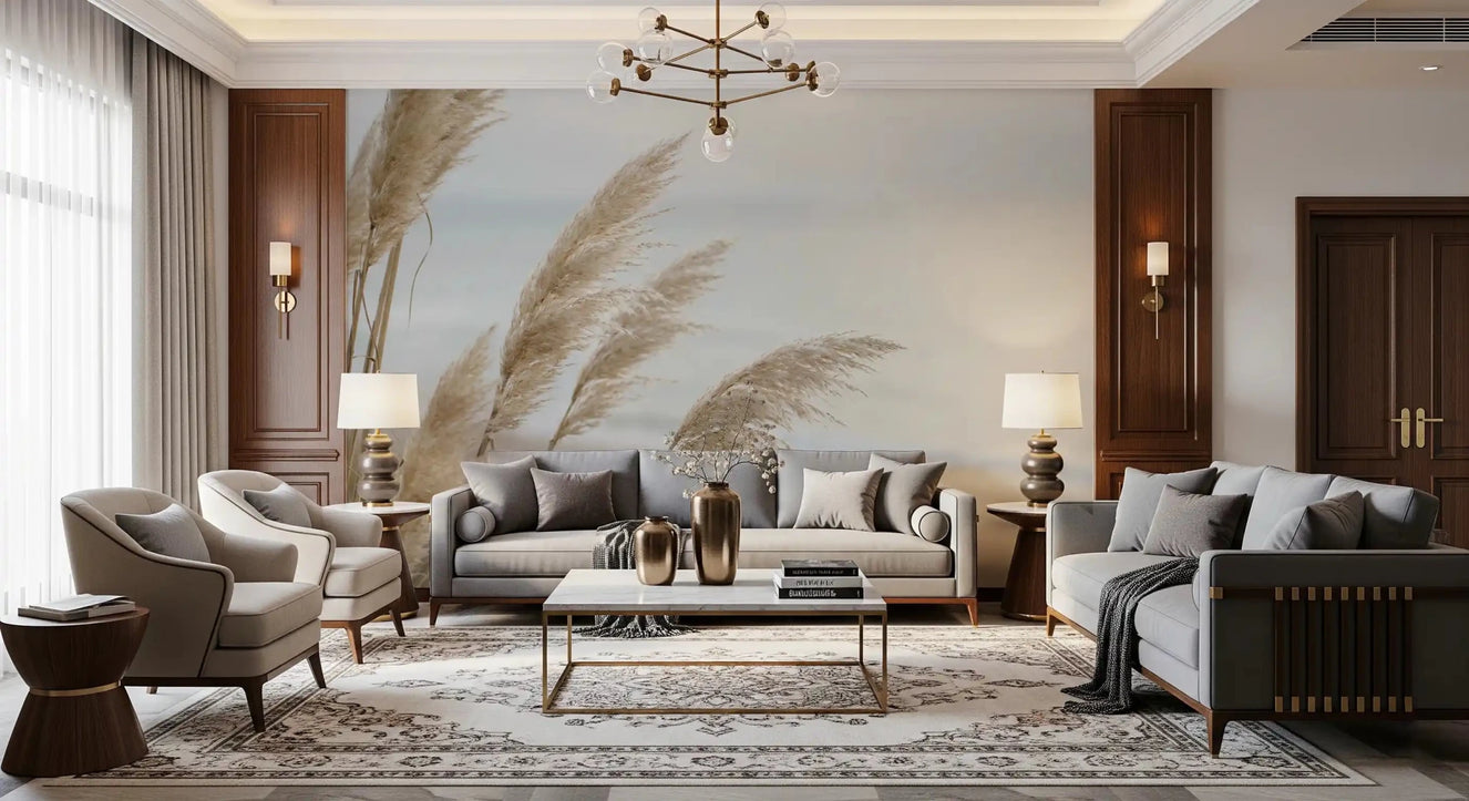 Pampas Shore wall mural adds a soft coastal backdrop to a living room