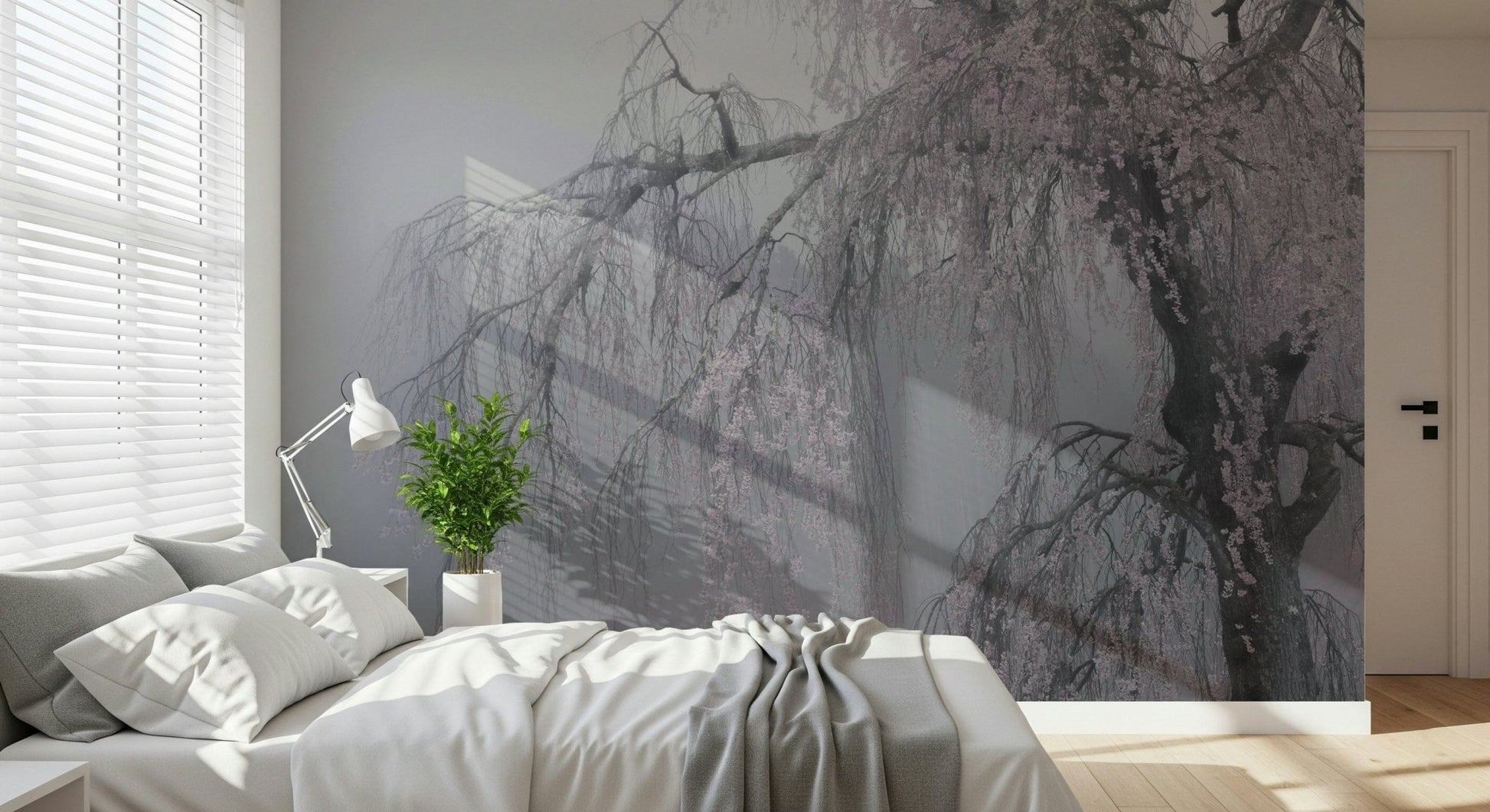Quiet Whispers of Spring fog backdrop flowering tree mural.