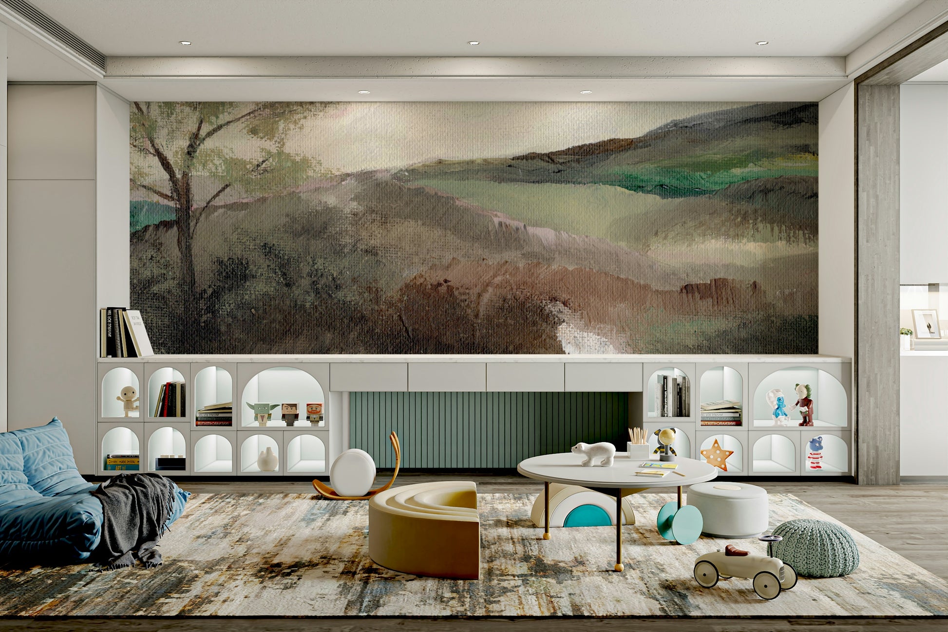 Artistic mural of hills fading into the horizon

