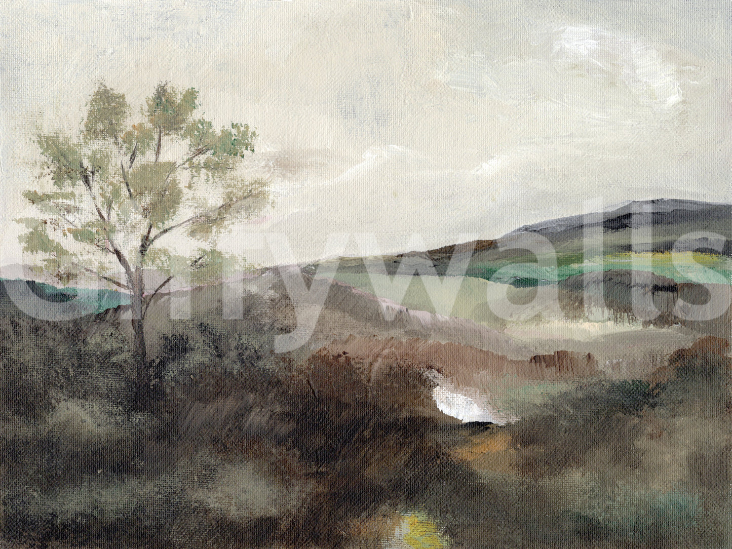 Whispers of the Hills wallpaper mural shown as a full-wall painterly landscape with a lone tree and misty green hills