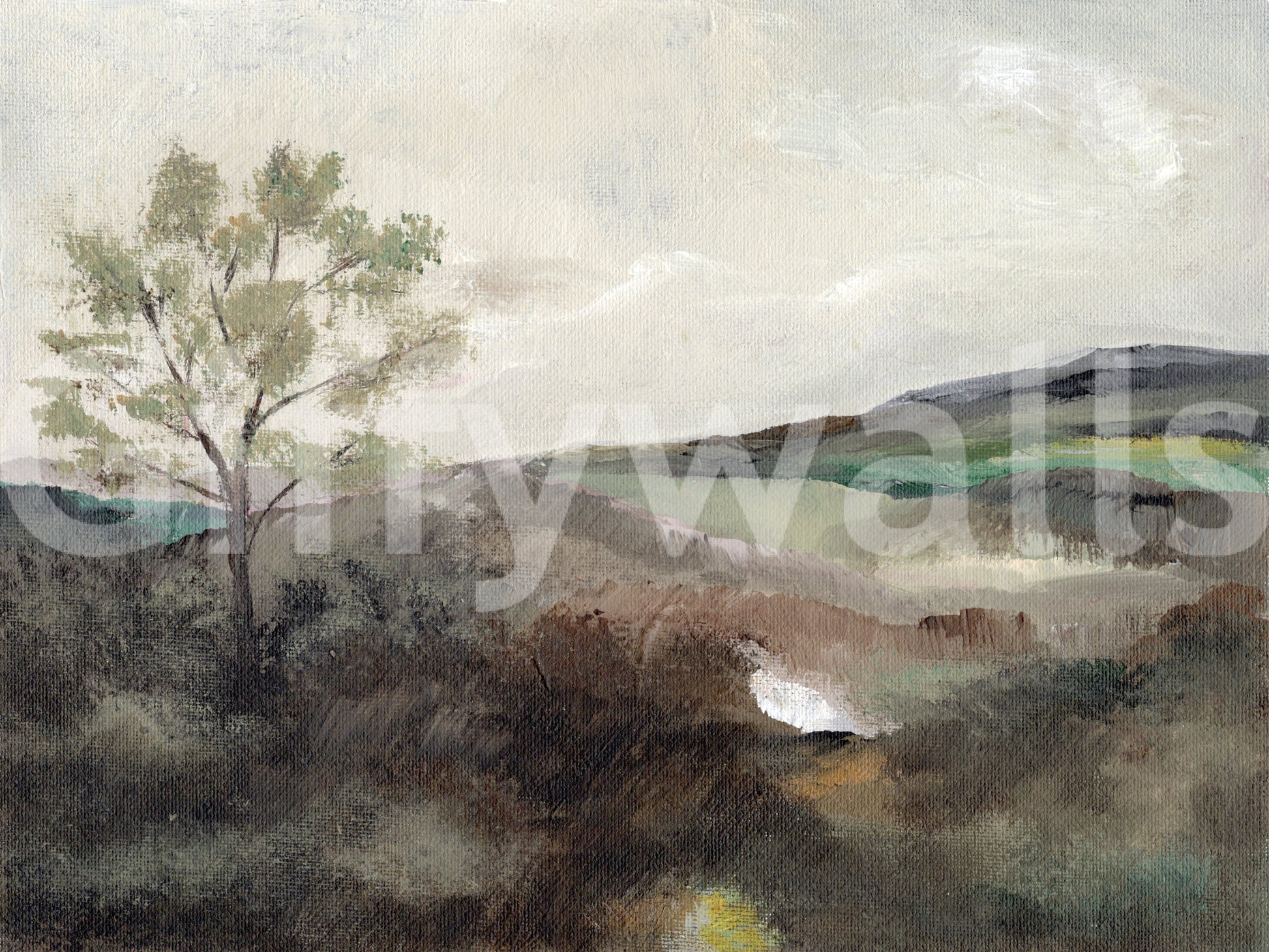 Whispers of the Hills wallpaper mural shown as a full-wall painterly landscape with a lone tree and misty green hills