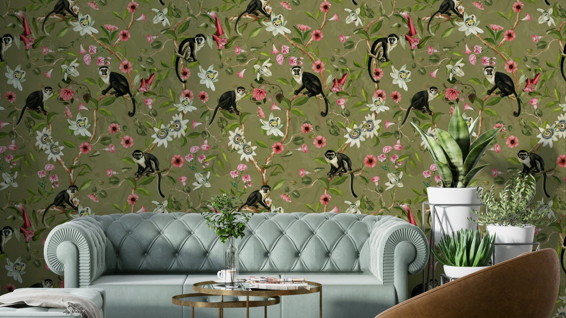 Whispers of the Jungle 2 Wallpaper with soft greenery and trailing vines.

