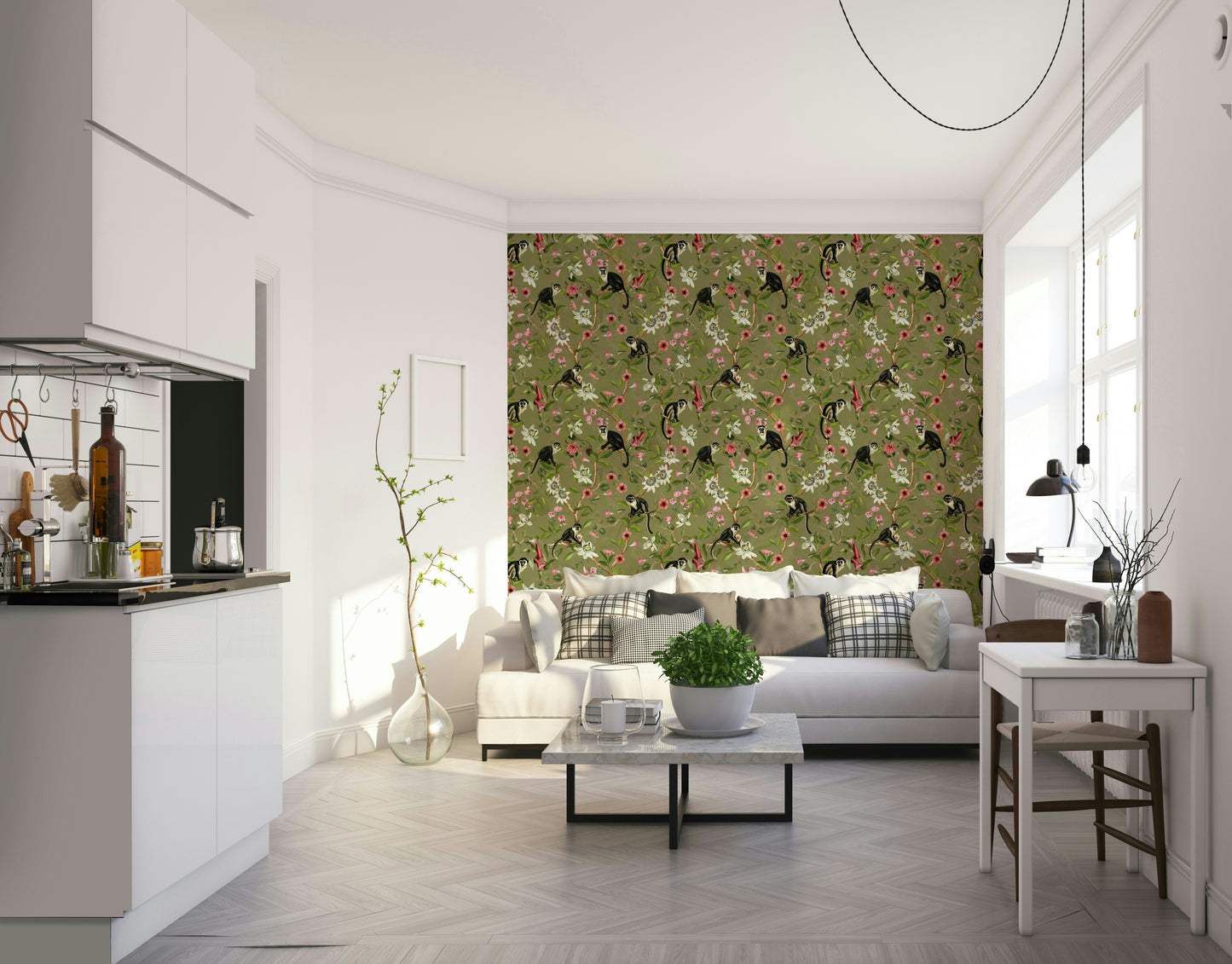Subtle jungle mural with botanical elements on a soft, neutral background.

