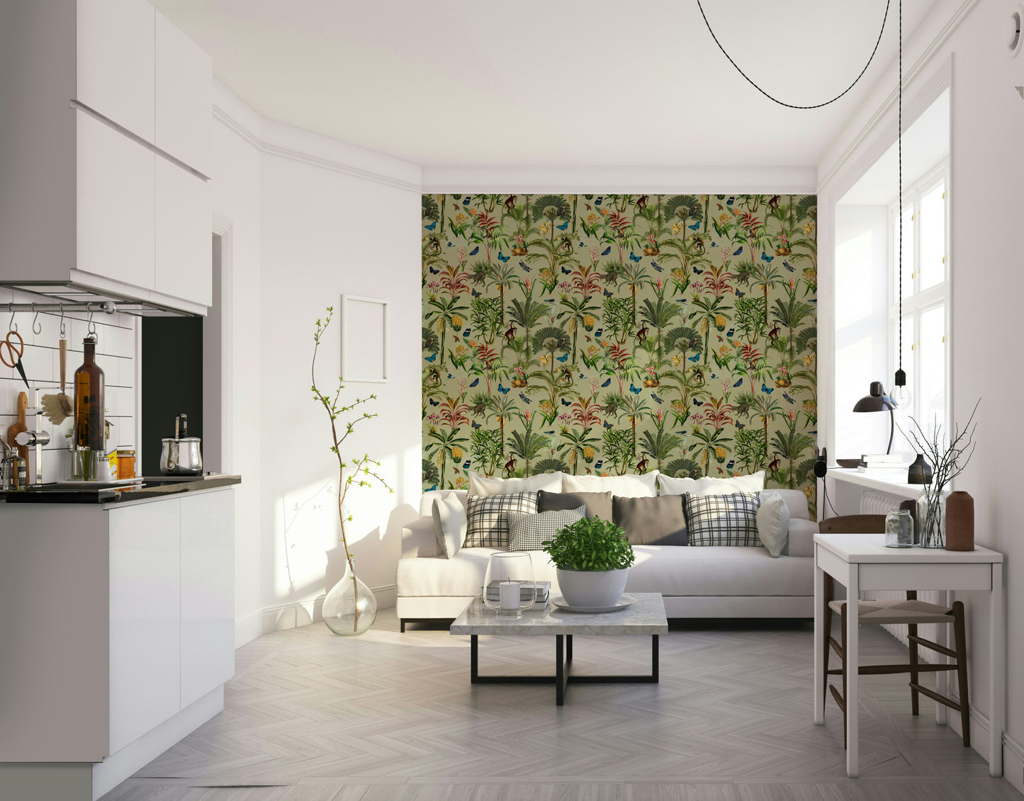 Close-up of hand-drawn flowers and leaves on soft background.

