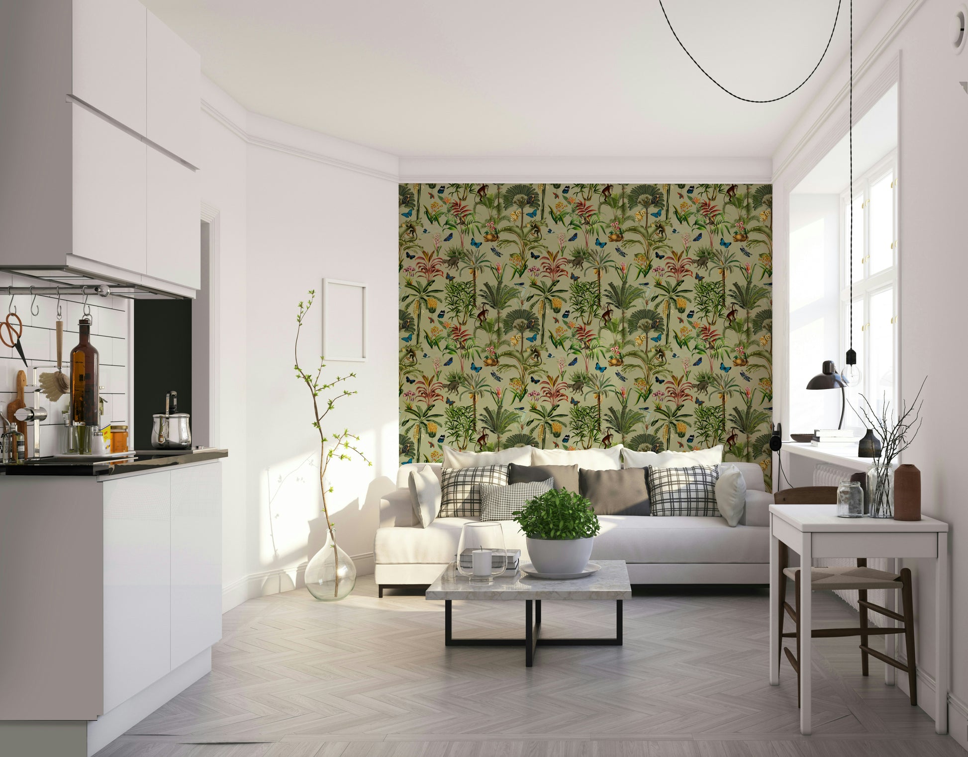 Close-up of hand-drawn flowers and leaves on soft background.

