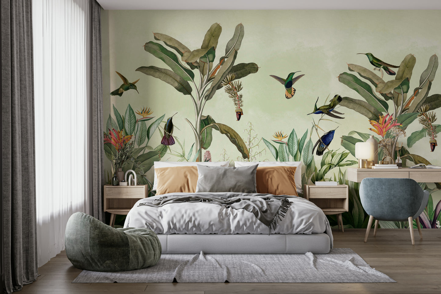 Wallpaper for walls with vibrant jungle plants and animals

