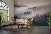 Ethereal mural of trees disappearing into mist

