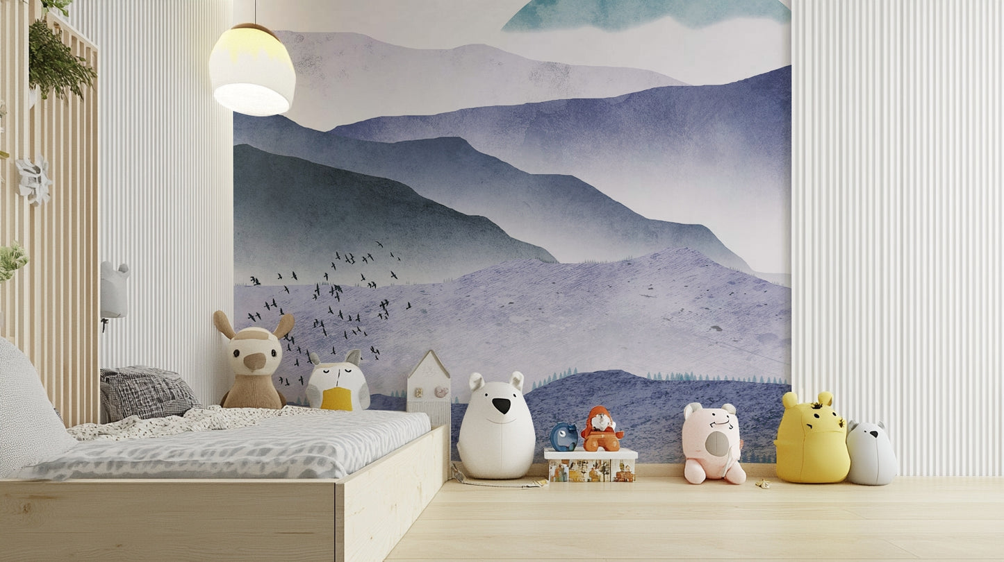 Nature inspired watercolor mural for a guest room with a calm colour palette.