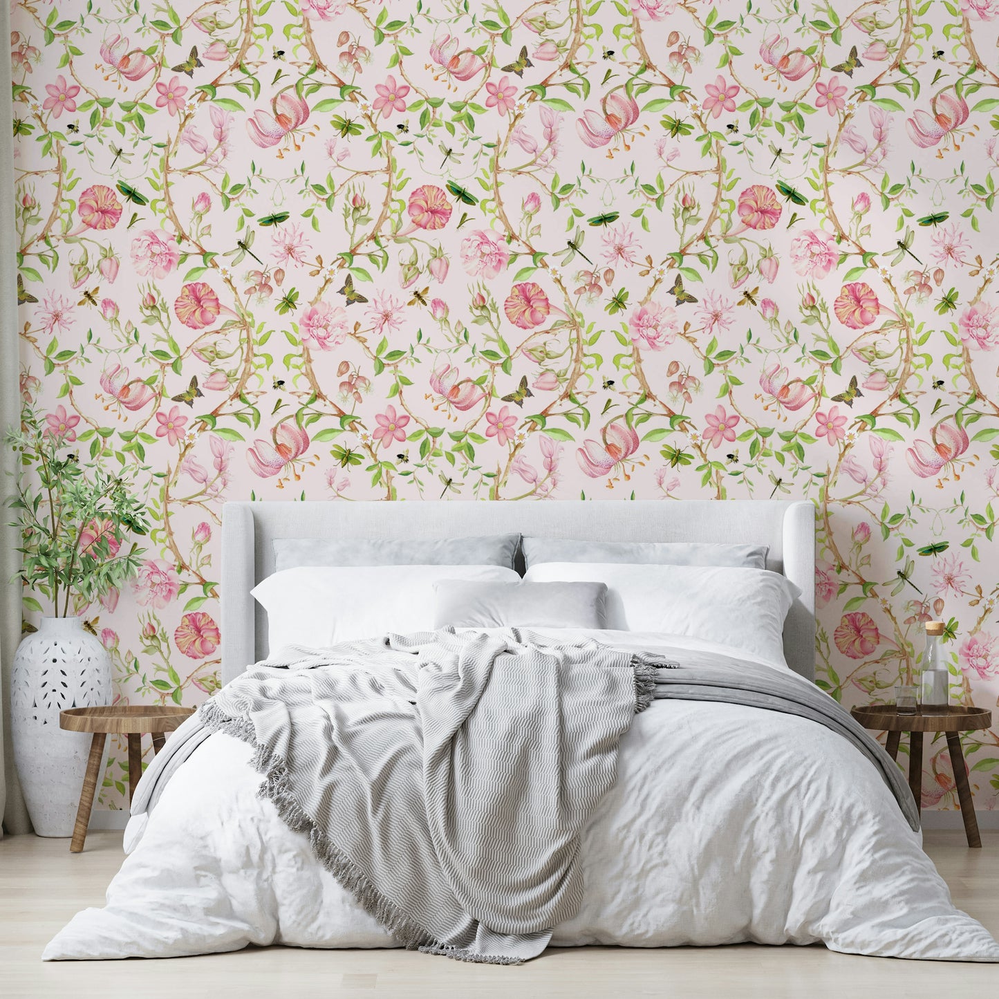Elegant floral mural with watercolor vines and light cream base.

